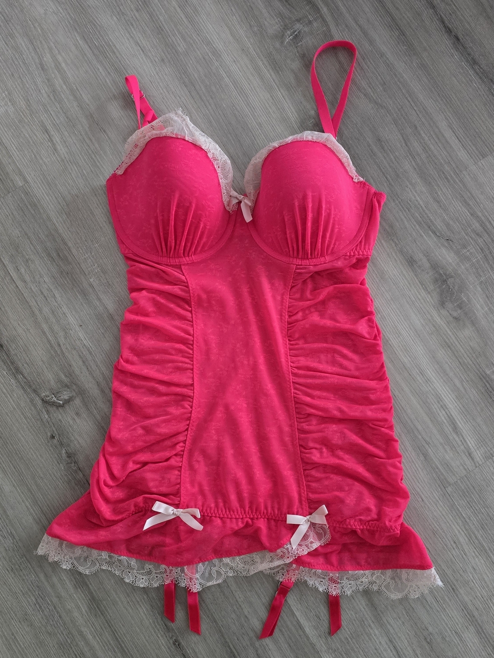 Victoria's Secret | Hot Pink Lace-Trim Chemise with Garters | Size 36D